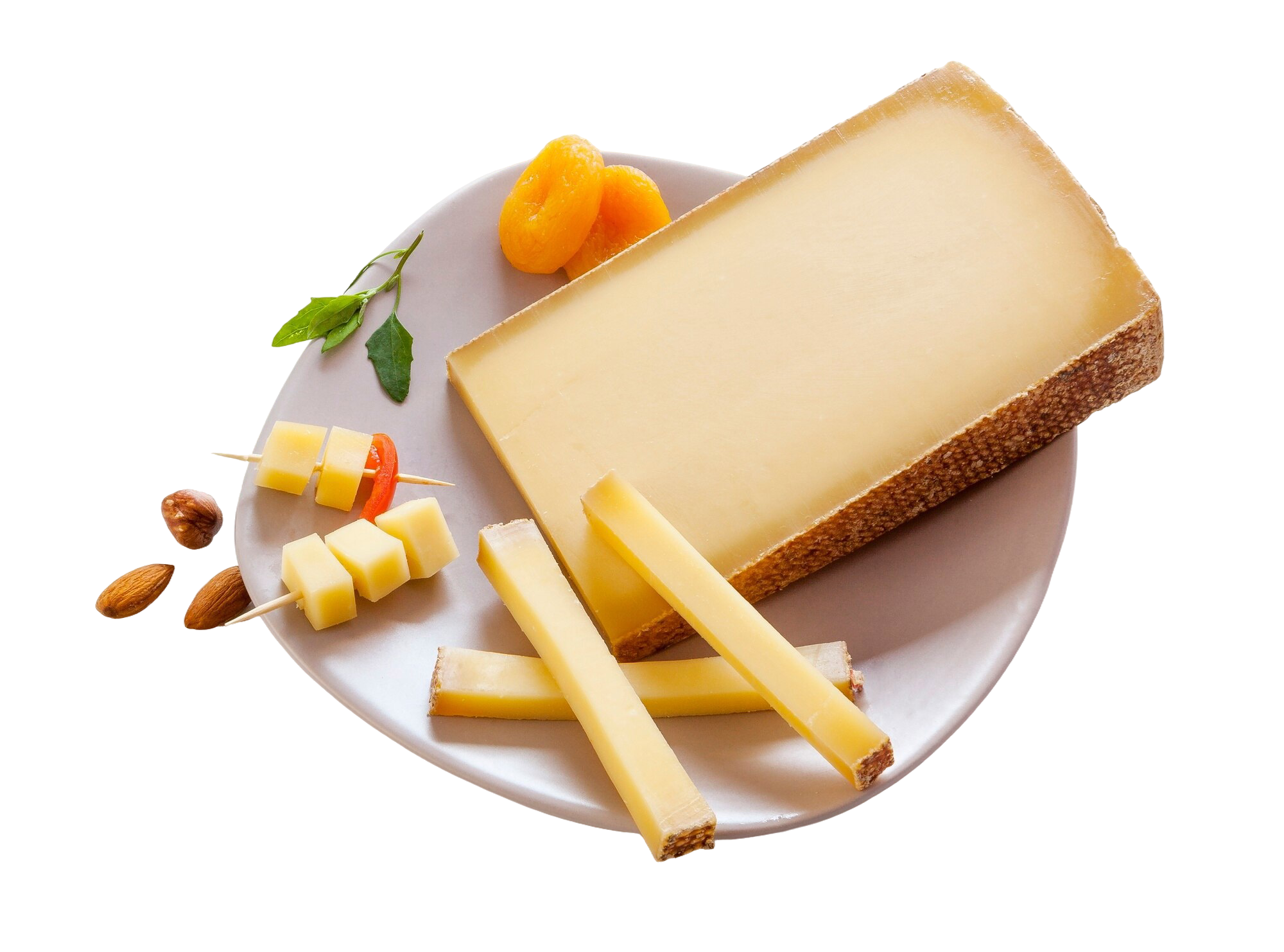 swiss gruyere cheese plate white background